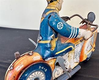 Rare 1930's Louis Marx Tin Litho Wind-Up Toy Motorcycle with Policeman.
