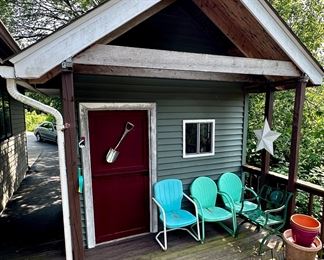 The ultimate "She Shed" (Not for Sale) with Vintage Steel Shell Chairs (Yes they are for sale as well as all the contents of the Shed.  I want one of these BADLY!!