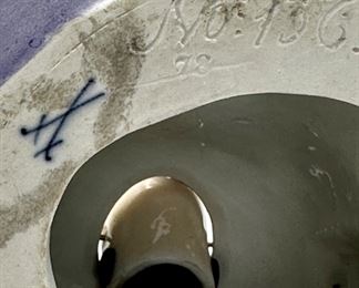 Meissen porcelain figure, Chinoiserie Pagoda head nodder. Late 19th century. Incised numeral No. 156 on bottom along with Meissen mark	7.25" h x 7"w x 7"d
Closer look at the Meissen  mark