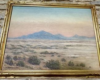 Original Oil Painting on Board by Wallace L. DeWolf (1854-1930) Circa 1924. Desert Landscape with Mountains in the distance.  Original painting gold wood frame.  Signed and Dated lower left corner.  Next photo is the close-up of the signature.