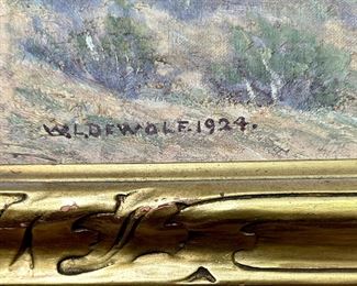Antique Original Oil Painting on Board by Wallace L. DeWolf (1854-1930) Circa 1924. Desert Landscape with Mountains in the distance.  Original painting gold wood frame.  Signed and Dated lower left corner.  This  photo is the close-up of the signature.