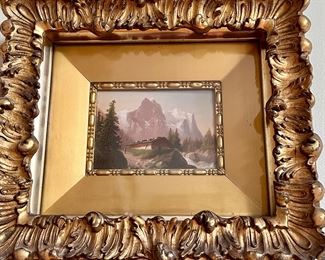 This painting is awesome of Mountain Scene.  The Frame is beautiful and will fit any decor or art collection.