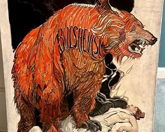 This is an antique Original Oil on Canvas " The Bolshevism Bear" destroying civilization and progress by Orson Lowell.  To our know this is an original hand painted Original Illustration of the article at the end of these photos