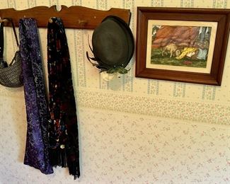 Antique Hat, Scarves, Purse hanging on vintage wall mounted clothes rack and cool painting