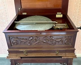 Carved Mahogany Case with Stella Disc Music Box. Includes Base.  additional discs are included.    This music box has the most amazing sound!  