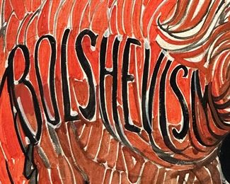 This is an antique Original Oil on Canvas " The Bolshevism Bear" destroying civilization and progress by Orson Lowell.  To our know this is an original hand painted Original Illustration of the article at the end of these photos