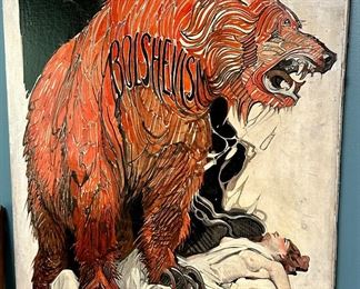 This is an antique Original Oil on Canvas " The Bolshevism Bear" destroying civilization and progress by Orson Lowell.  To our know this is an original hand painted Original Illustration of the article at the end of these photos