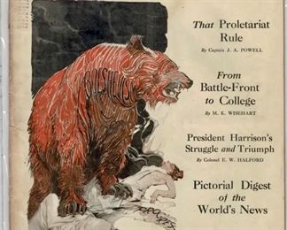 This is an antique Original Oil on Canvas " The Bolshevism Bear" destroying civilization and progress by Orson Lowell.  To our know this is an original hand painted Original Illustration of the article at the end of these photos.  This is a photo of the Illustration in Leslie's