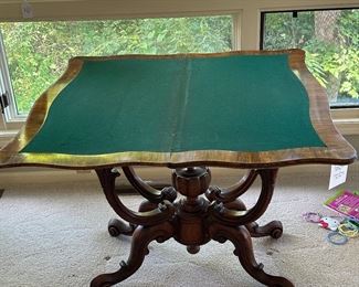Stunning Victorian Burr Walnut Card/Game Table. Circa 1860's in Excellent Museum Quality Condition.. Features Rotating Top and Opens for larger surface with Green Felt Game Surface.  Size: 33.8" W x 16.9" D x 28.3" H