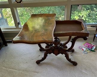 Stunning Victorian Burr Walnut Card/Game Table. Circa 1860's in Excellent Museum Quality Condition.. Features Rotating Top and Opens for larger surface with Green Felt Game Surface.  Size: 33.8" W x 16.9" D x 28.3" H