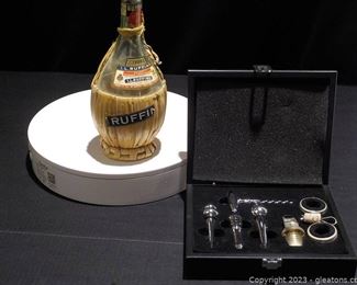 8pc Silvertone Bar Set in Case and Empty 1969 Ruffin Wine Bottle