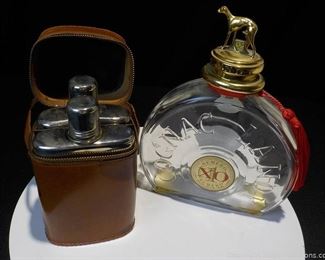 English Leather Case with 2 Flasks and Empty Cognac Landy Bottle with Stopper