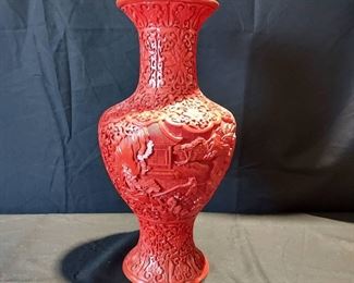 Gorgeous Red Carved Cinnabar and Brass Vase