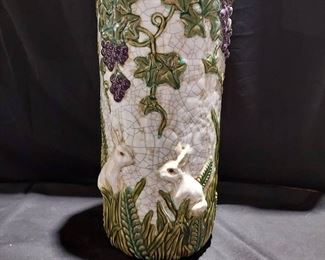 Lovely Majolica Pottery Rabbits Grapes Vineyard Umbrella Stand