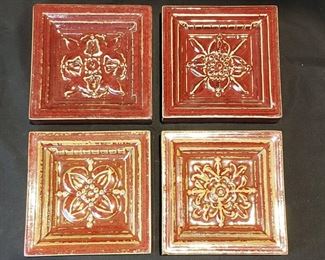 Nice Set of 4 Vintage Tan and Red Glazed Spanish Ceramic Wall Tiles