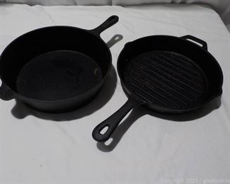 Two Iron Pans One Deep Skillet and One a Grill Pan