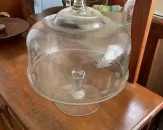 Large Etched Glass Cake Plate and Dome