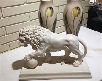 MARBLE LION WITH BALL AND A PAIR OF TULIP VASES