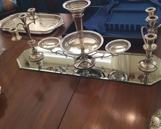 SILVER PLATED EPGERNE AND A PAIR OF STERLING SILVER CANDELABRA