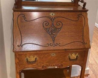 Antique Oak Secretary Desk With Locking Door