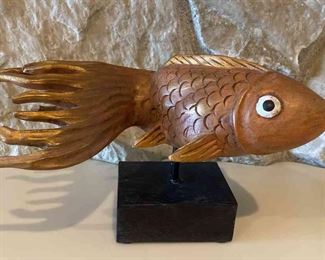 Carved Wooden Asian Fantail Koi