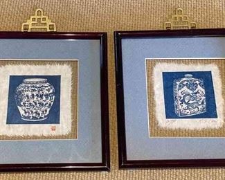 Framed Tea Caddy, Ginger Jar Stamped Asian Woodcut Prints