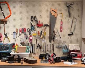Hand Tools, Power Tools And More Workbench Contents And Pegboard