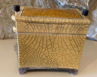 Hand built Raku Ceramic Lidded Box With Wooden Pegs