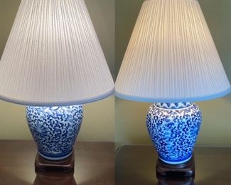 Pair of Asian Motif Ceramic BlueWhite Table Lamps