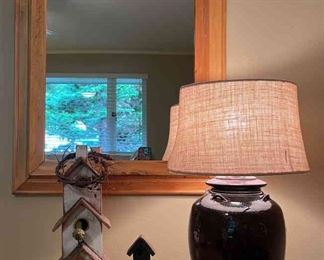 Pottery Lamp, Wood Mirror And Birdhouse Decor