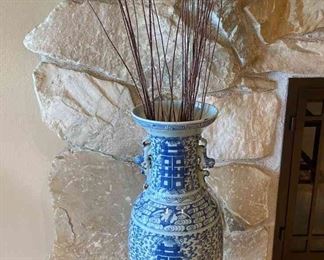 Tall Chinese Blue White Vase with Stand