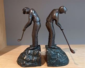 Vintage Cast Metal Golfer Swinging Bookends