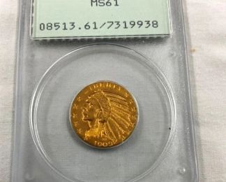 1909 NS61 GOLD $5 INDIAN HEAD COIN