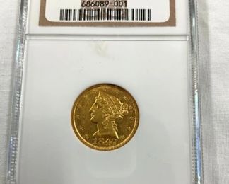 1847 $5 AU50 GOLD LIBERTY HEAD