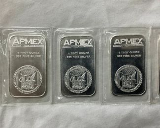 (5) 1 OZ APMEX SEALED SILVER BARS