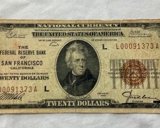 1929 $20 SAN FRASICO REVERSE BANKNOTE