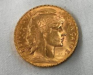 1912 GOLD FRENCH 20 FRANKS W/ ROOSTER