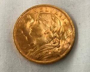 1927E GOLD 20 FRANKS HELVETIA COIN