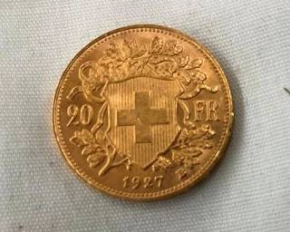1927E GOLD 20 FRANKS HELVETIA COIN