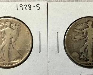 (2) KEY DATE 1928-S WALKING LIB. HALVES