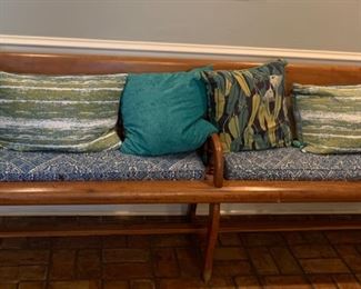 Long Wood. Bench / Church Pew. with Spindle Back and Arms. ( 34.25 H. 107 W. 20.5. D)