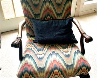 Vintage Wood and Flame Stitched Upholstered Accent Chair