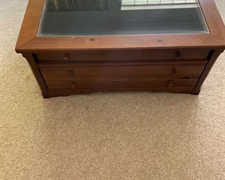 Hammary Wood and Glass Coffee Table with Pull Out Drawers and Display Case On Top