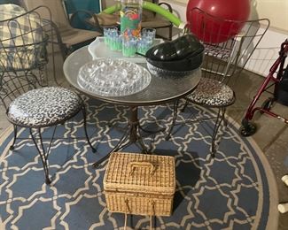 Metal cafe set, outdoor rug, and more