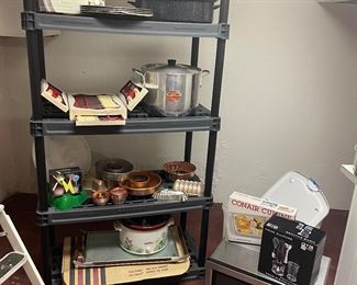 microwave, plastic shelving, crockpot, roasting pans and more!