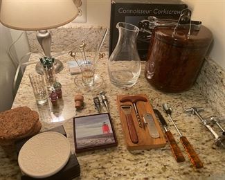Barware: ice bucket (MCM), stirring set, pitcher, coasters and more