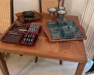 MCM walnut square table (great as a game table or smaller kitchen table - excellent condition). MCM kitchen accessories: DANSK teak and more!
