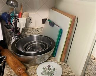 stainless steel bowls, utensils, coasters, and cutting boards