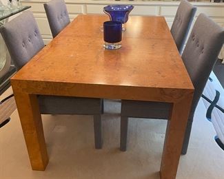 Mid-Modern dining table (with 2 leaves) shown with custom parsons style chairs (8 available)
