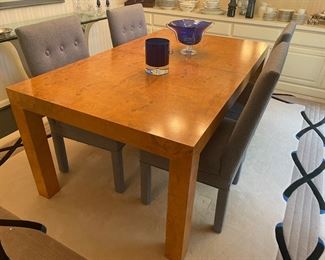 Mid-Modern dining table with 2 leaves and 8 parsons custom dining chairs, and wool custom area rug